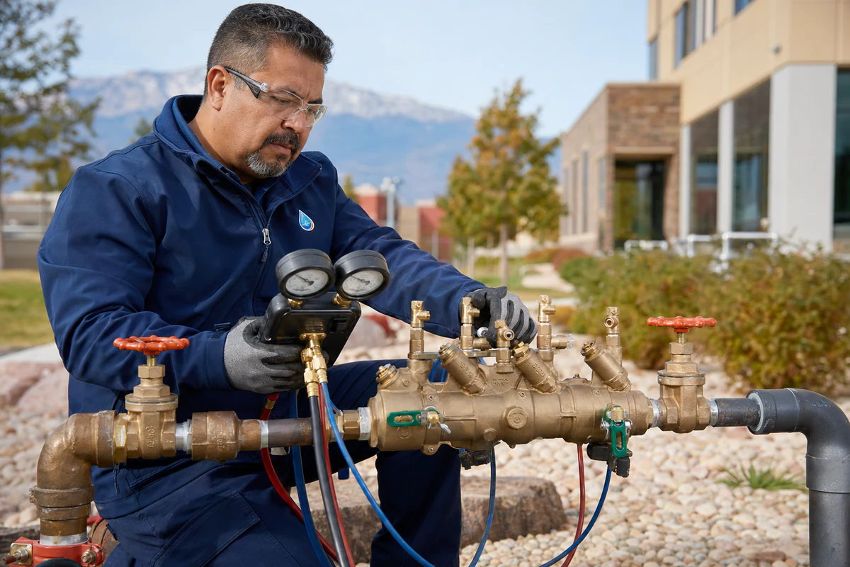 Smart Choice Plumbers technician testing a commercial backflow prevention assembly