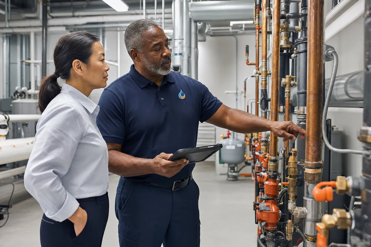 Plumber reviewing a completed commercial plumbing inspection