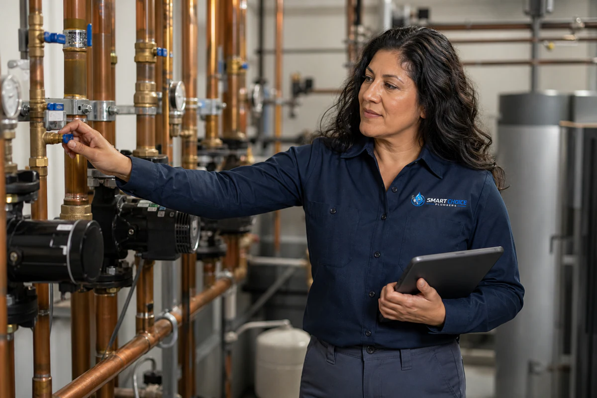 Plumber inspecting piping in a commercial mechanical room