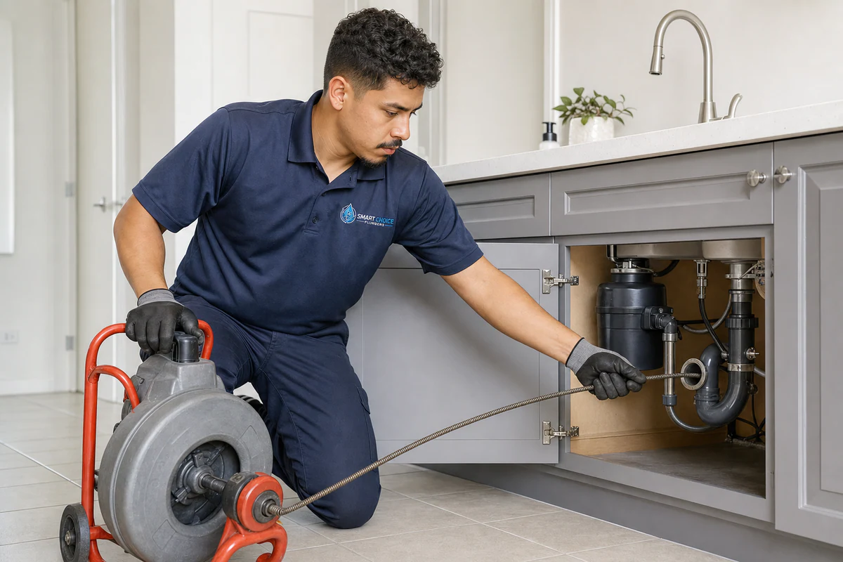 Plumber using powered drain-cleaning equipment beneath a kitchen sink