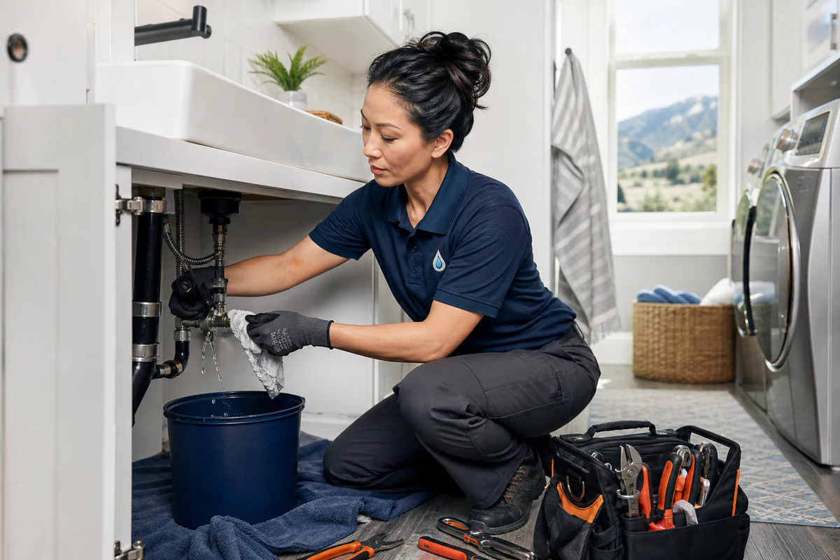 Plumber shutting off a valve to contain an active plumbing leak