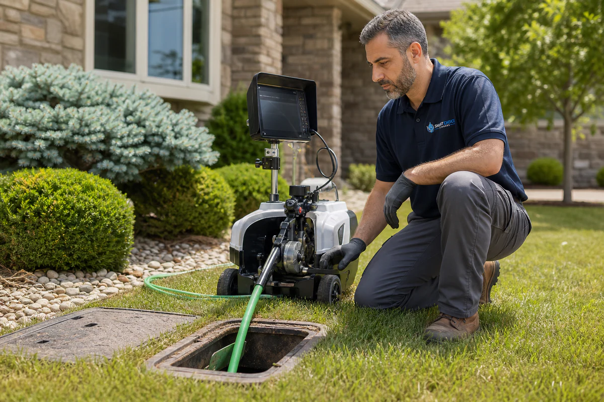 Smart Choice Plumbers technician operating hydro jetting equipment at an outdoor cleanout