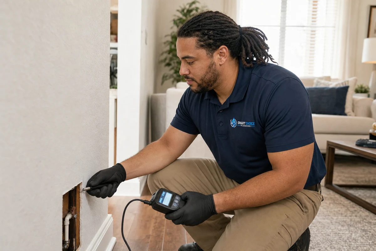 Plumber using an electronic leak detector along a wall