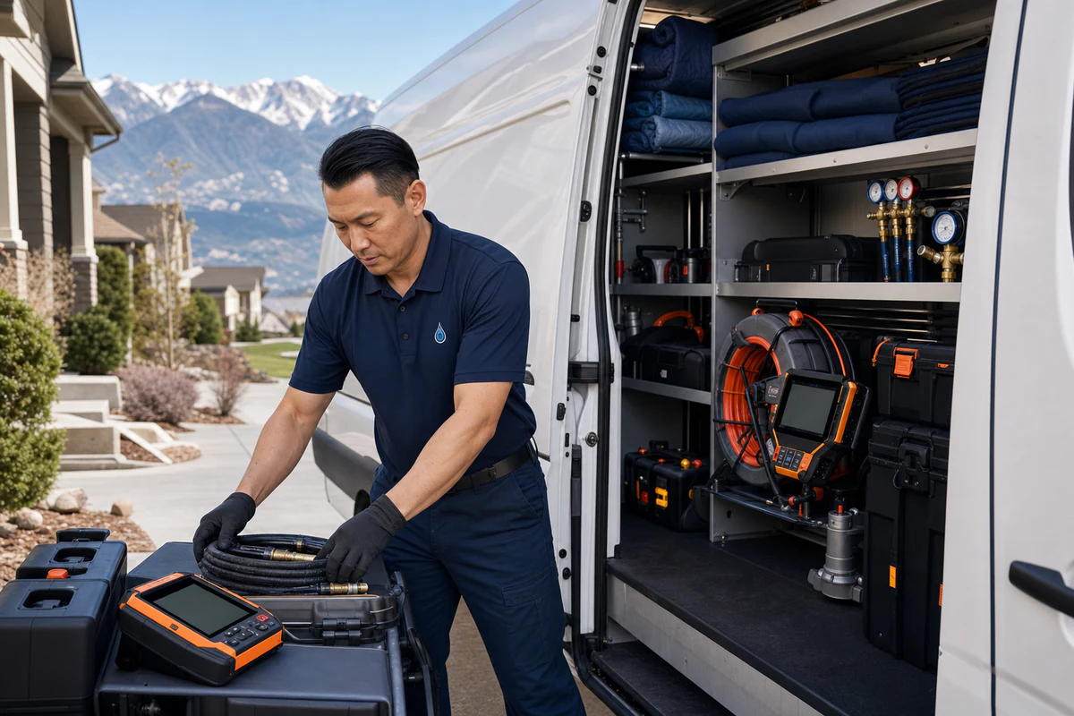 Plumber preparing organized plumbing diagnostic equipment