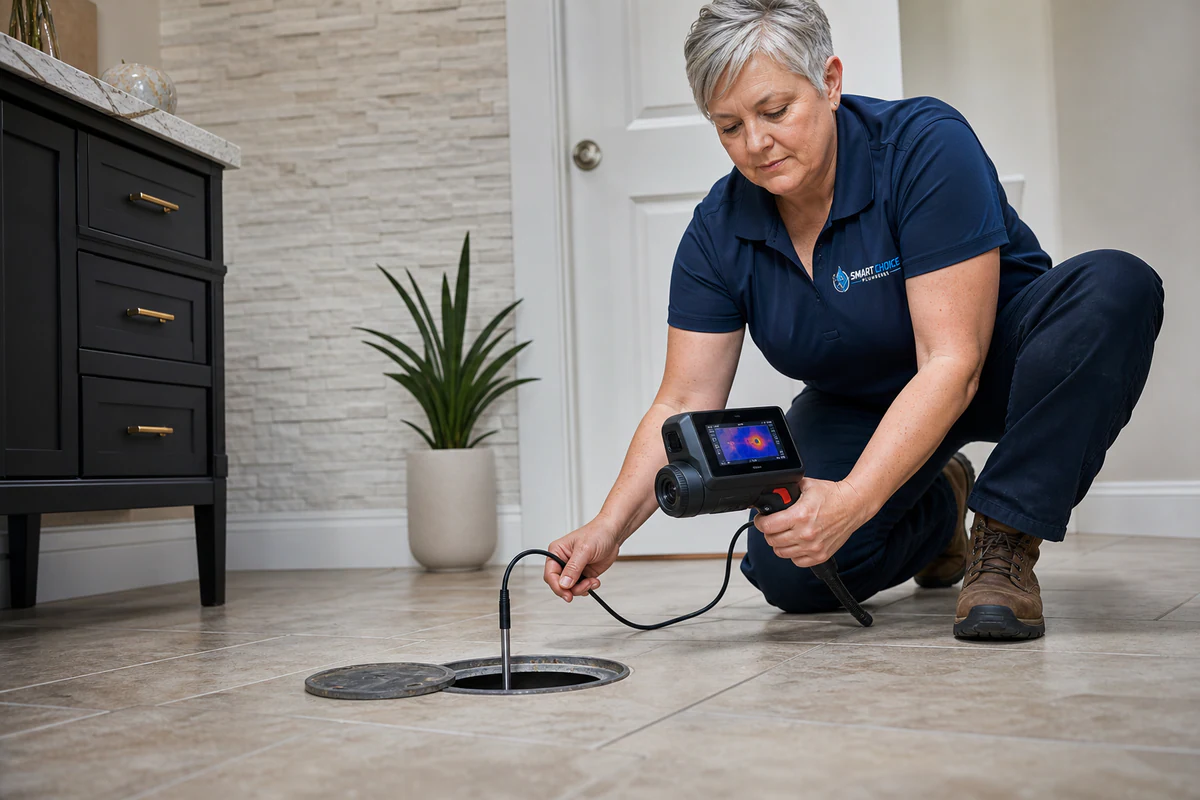 Smart Choice Plumbers technician using sewer camera equipment to inspect a drain line