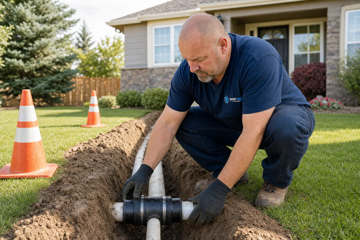 Plumber repairing an excavated sewer line in a yard