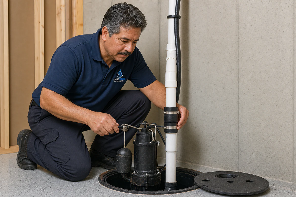 Smart Choice Plumbers technician installing and testing a residential sump pump