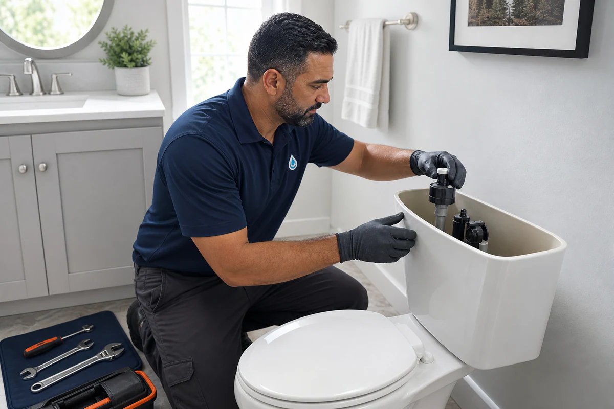 Smart Choice Plumbers technician repairing a toilet fill valve in a clean bathroom