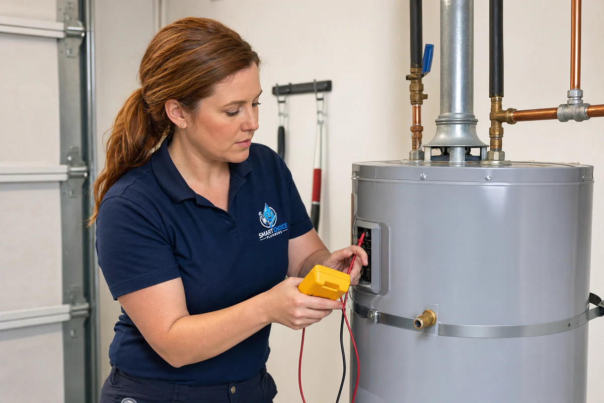 Plumber testing a residential tank water heater