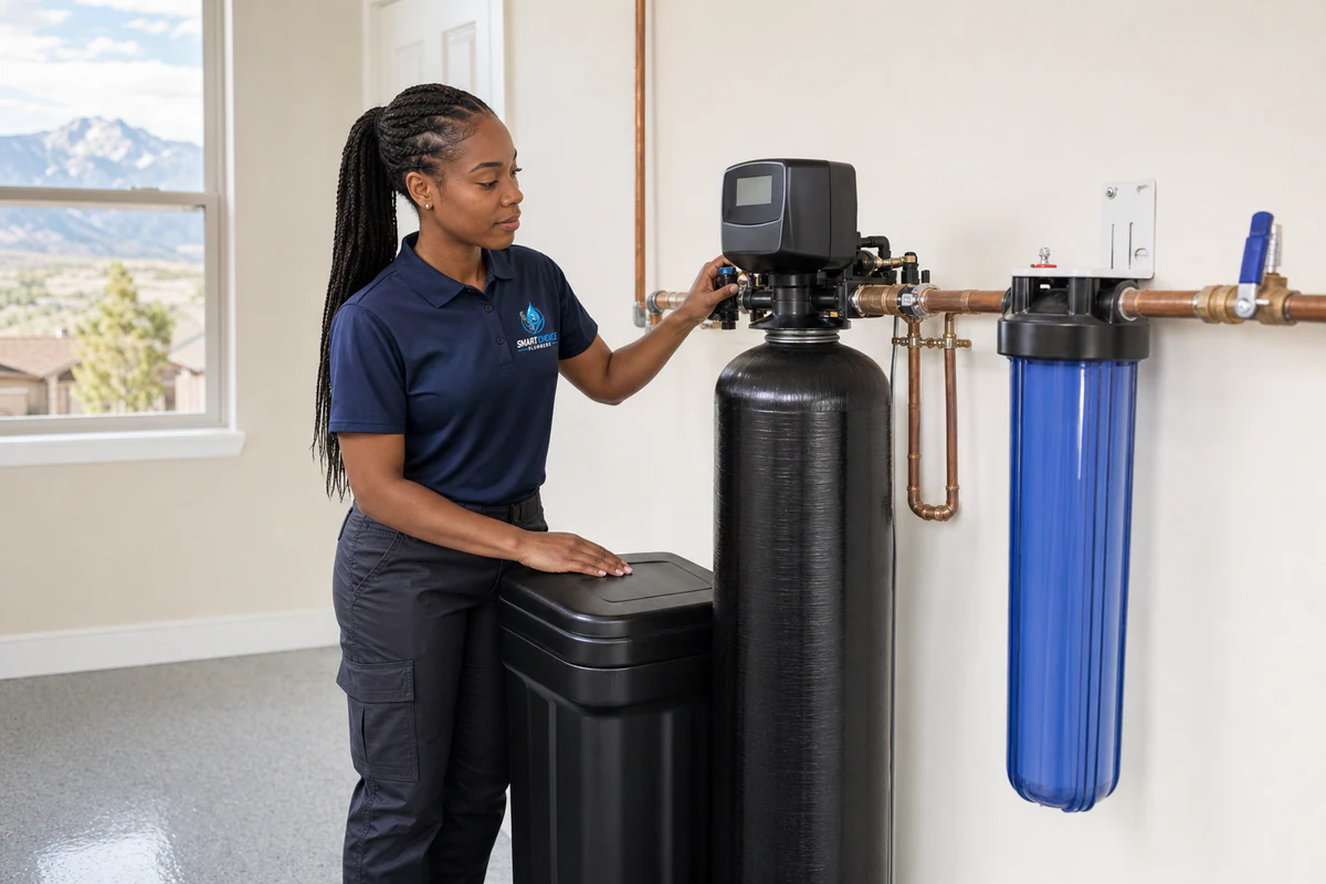 Smart Choice Plumbers technician installing a water softener and filtration system